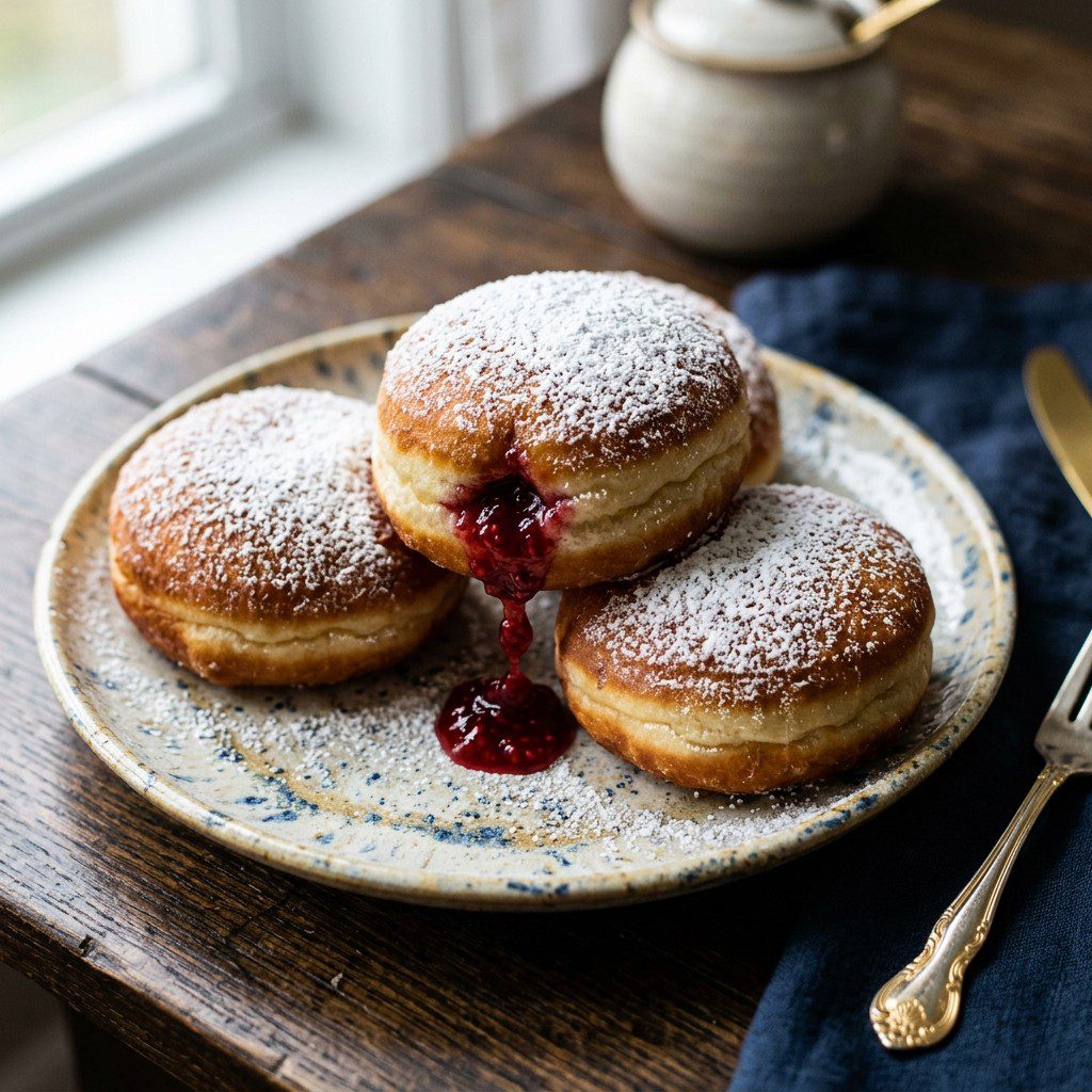 Stunning plated serving of Raspberry Jelly Donuts, a chef-tested recipe by Chef Jorj Morgan.
