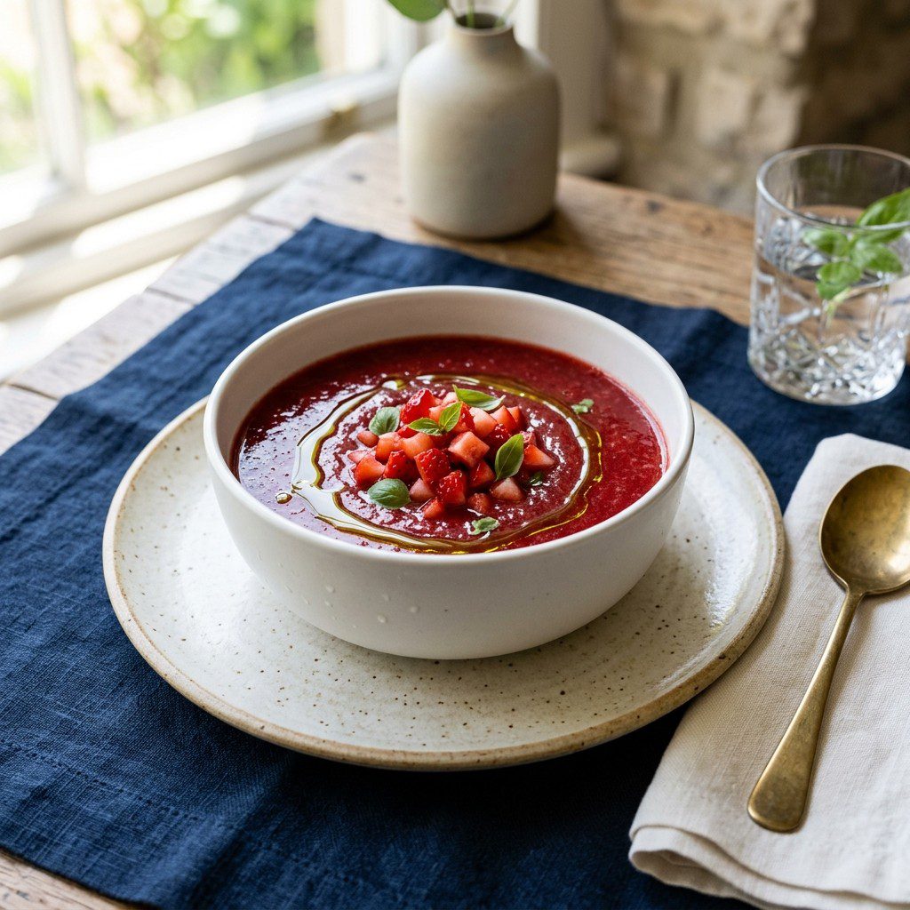 Stunning plated serving of Chilled Strawberry & Basil Gazpacho, a chef-tested recipe by Chef Jorj Morgan.