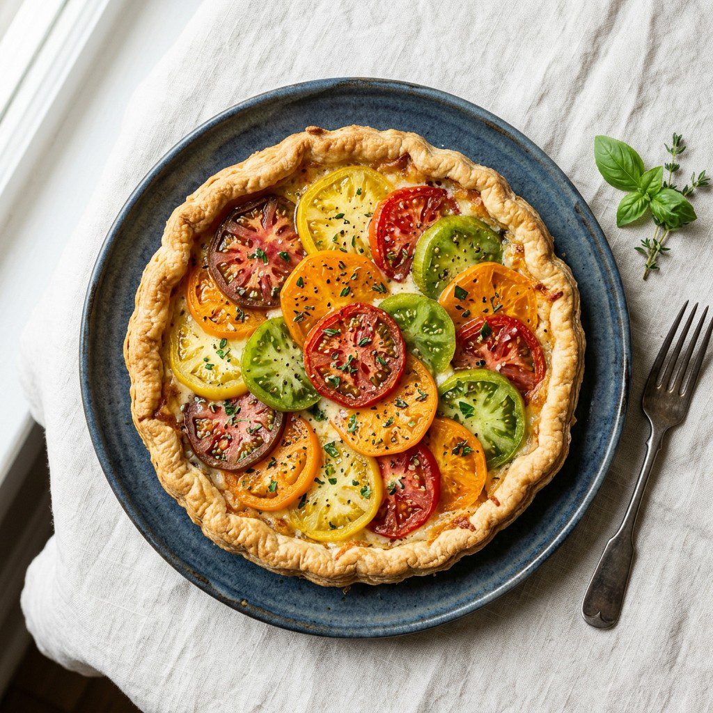 Stunning plated serving of Heirloom Tomato & Gruyere Tart, a chef-tested recipe by Chef Jorj Morgan.