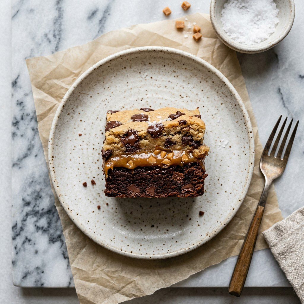 Stunning plated serving of Caramel Toffee Cookie Dough Brownie Bars, a chef-tested recipe by Chef Jorj Morgan.