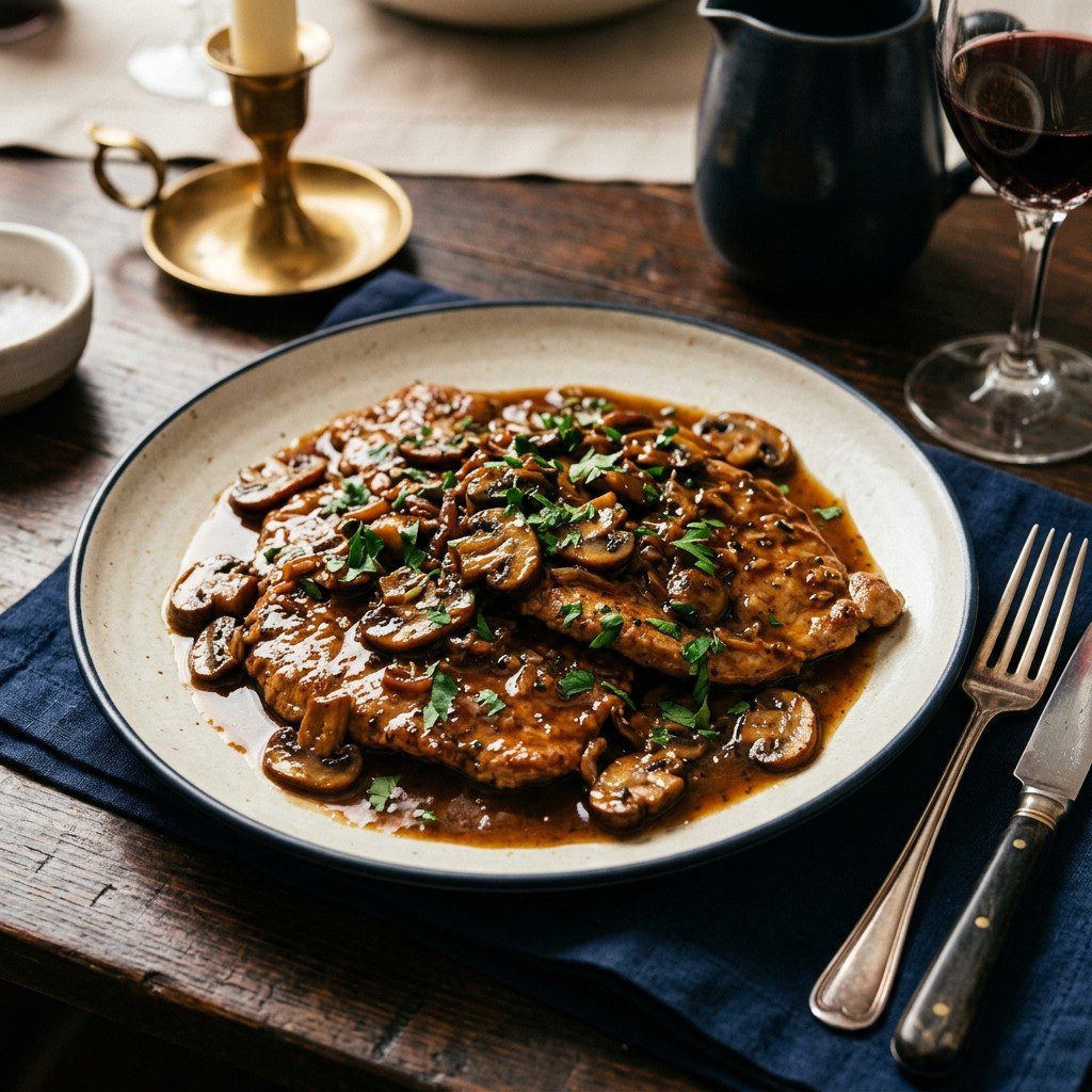 Stunning plated serving of Veal Marsala with Fennel & Artichokes, a chef-tested recipe by Chef Jorj Morgan.