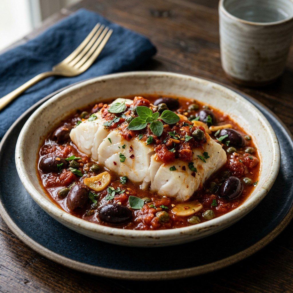Stunning plated serving of Puttanesca Poached Cod, a chef-tested recipe by Chef Jorj Morgan.