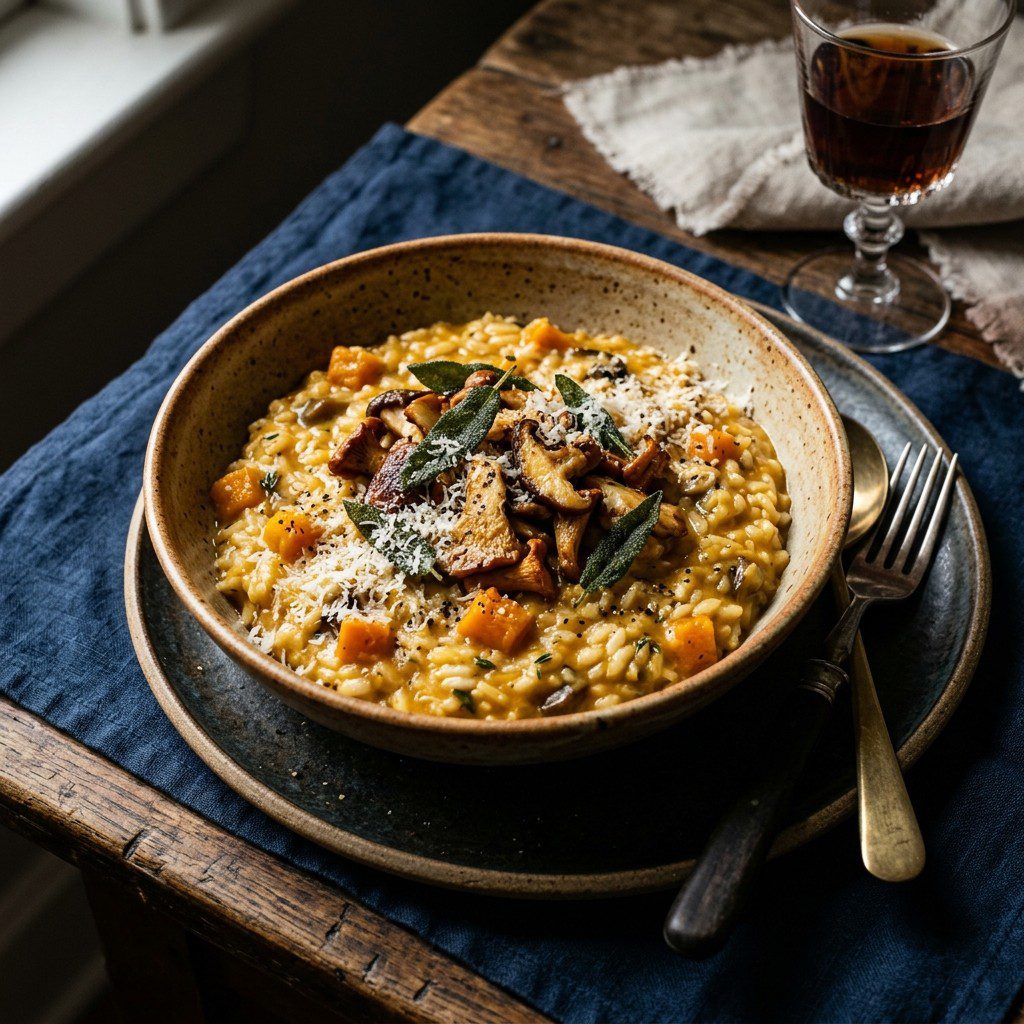 Stunning plated serving of Pumpkin & Wild Mushroom Risotto, a chef-tested recipe by Chef Jorj Morgan.
