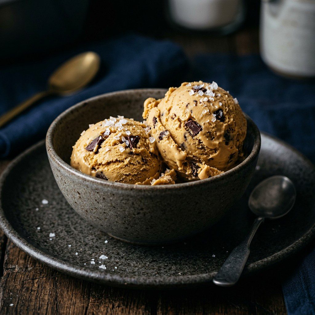Stunning plated serving of Salted Caramel Ice Cream with Chocolate Chunks, a chef-tested recipe by Chef Jorj Morgan.