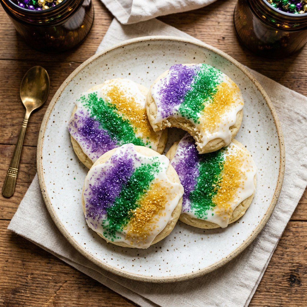 Stunning plated serving of King Cake Cookies, a chef-tested recipe by Chef Jorj Morgan.