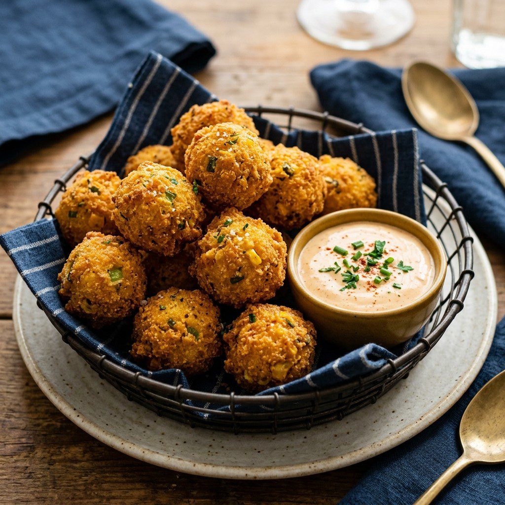 Stunning plated serving of Crispy Cornmeal Hushpuppies with Spicy Remoulade, a chef-tested recipe by Chef Jorj Morgan.