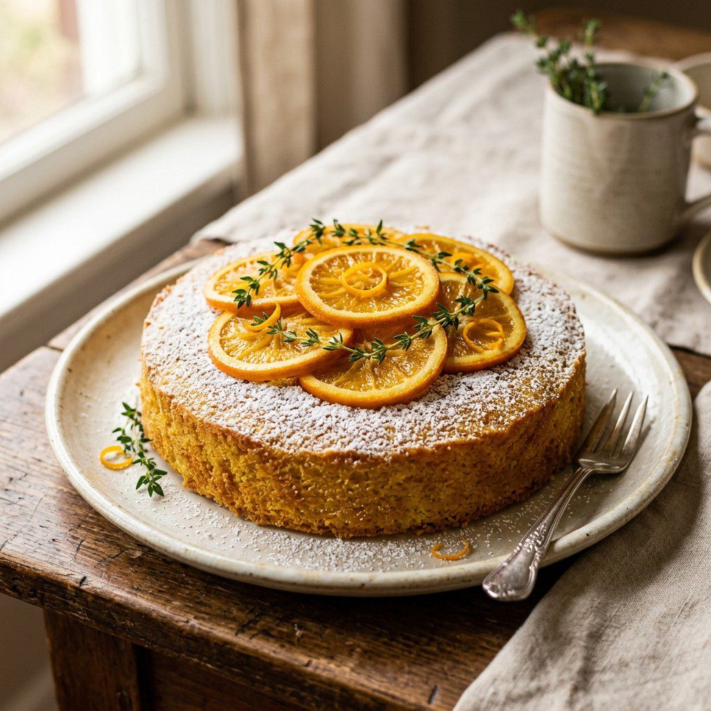 Stunning plated serving of Citrus & Thyme Sunshine Cake, a chef-tested recipe by Chef Jorj Morgan.