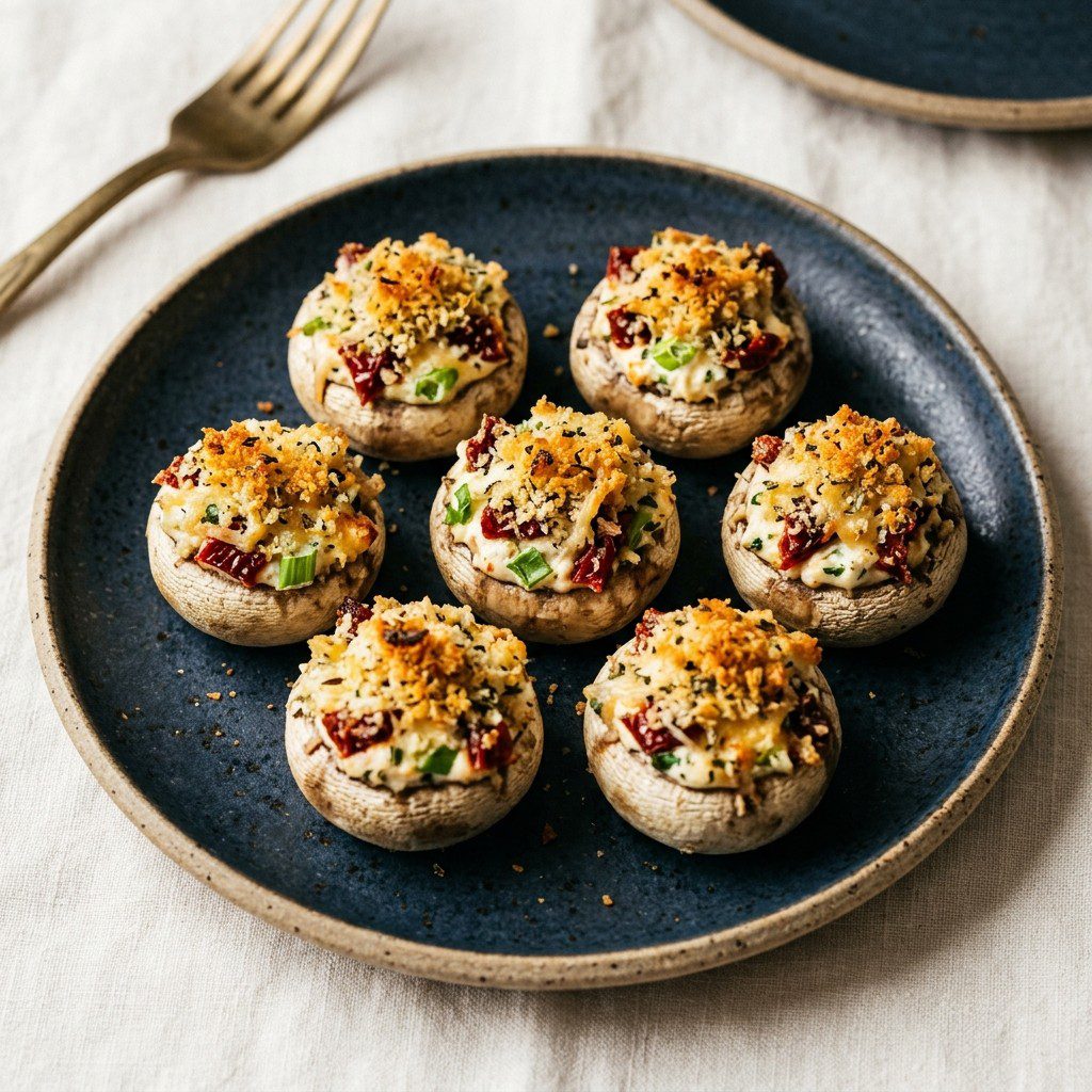Stunning plated serving of Sun-Dried Tomato Stuffed Mushrooms, a chef-tested recipe by Chef Jorj Morgan.