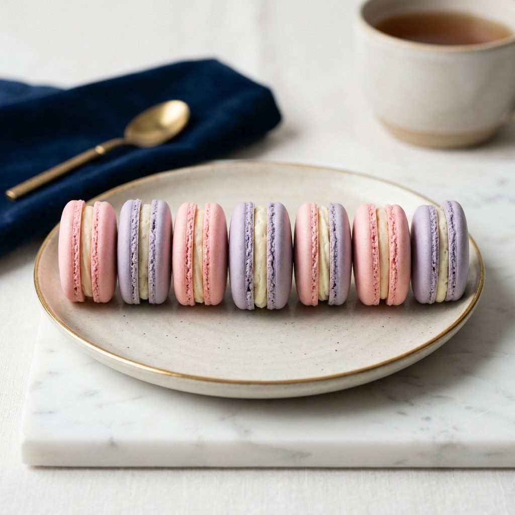 Stunning plated serving of French Macarons with Sweet Buttercream Fillings, a chef-tested recipe by Chef Jorj Morgan.