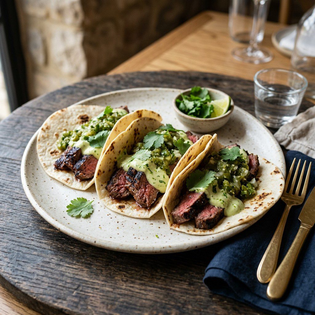 Stunning plated serving of Steak Tacos with Dual Signature Sauces, a chef-tested recipe by Chef Jorj Morgan.
