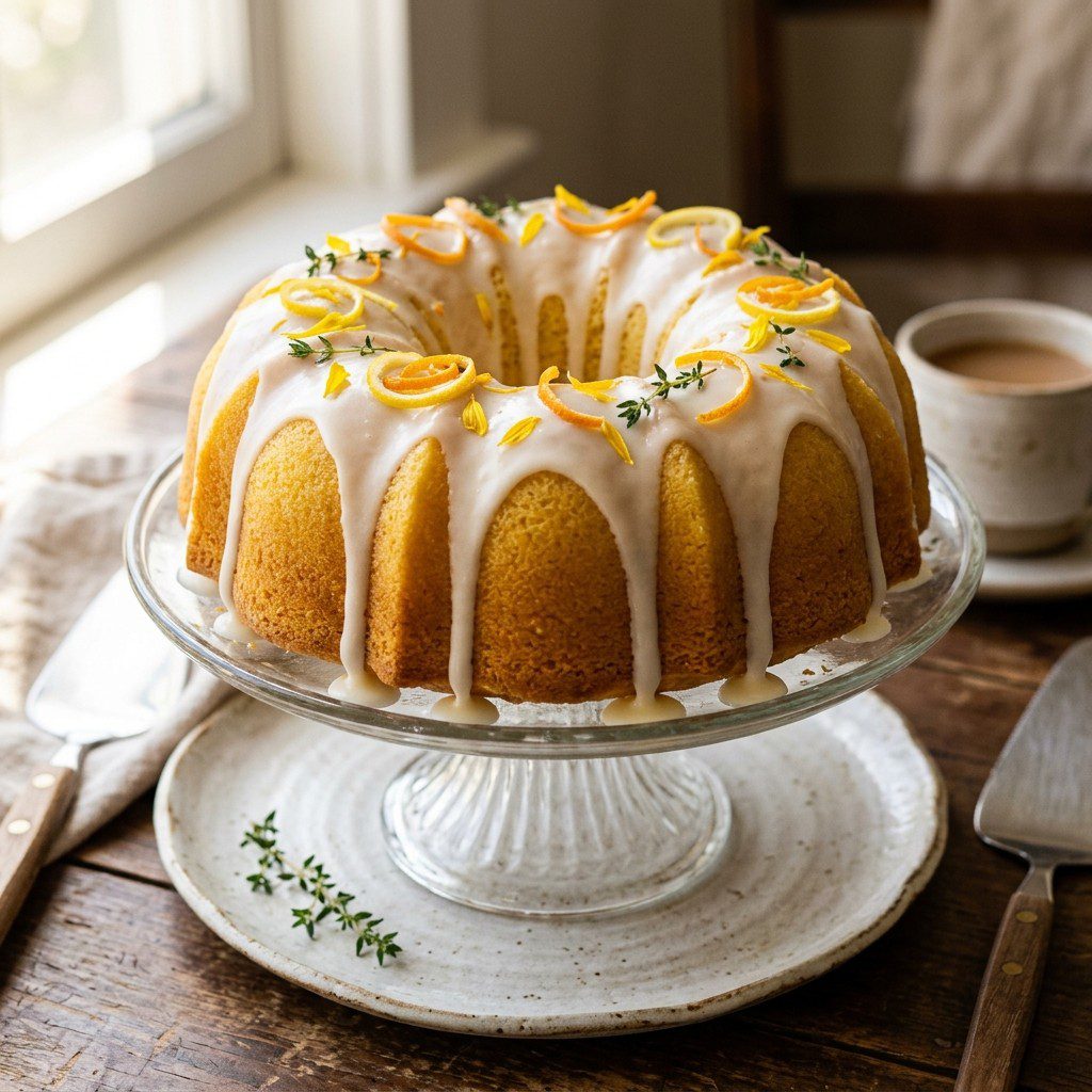 Stunning plated serving of Glazed Buttermilk Citrus Cake, a chef-tested recipe by Chef Jorj Morgan.