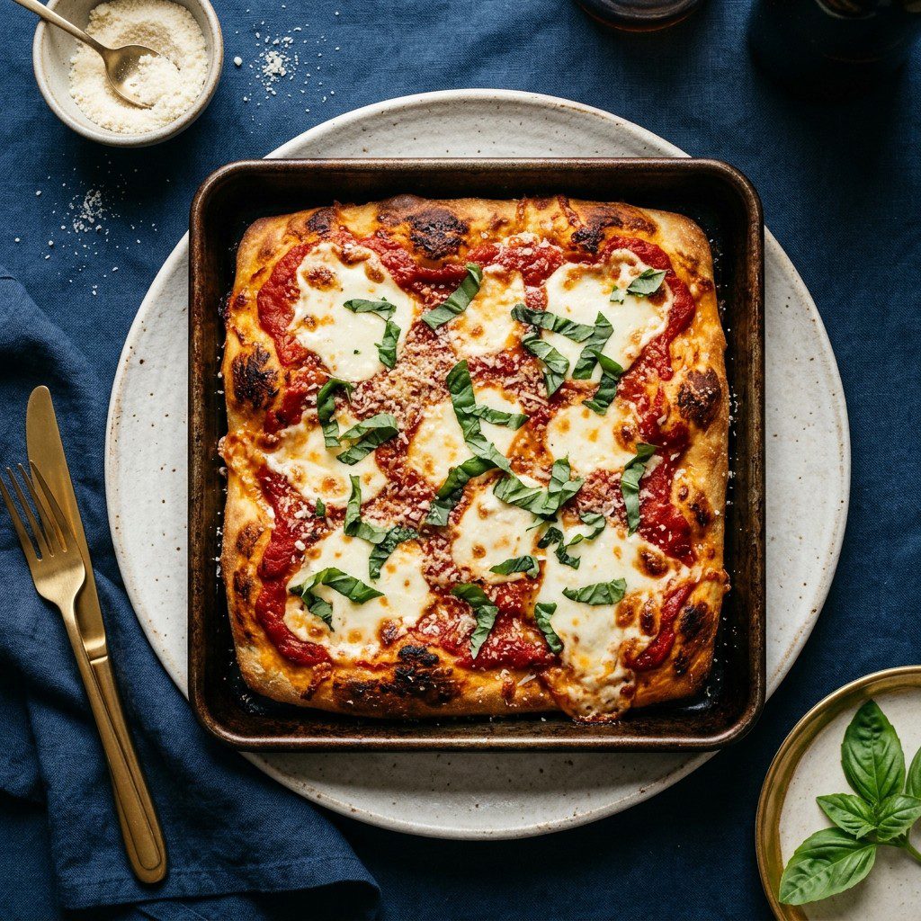 Stunning plated serving of Square Sheet Pan Mozzarella Pizza, a chef-tested recipe by Chef Jorj Morgan.