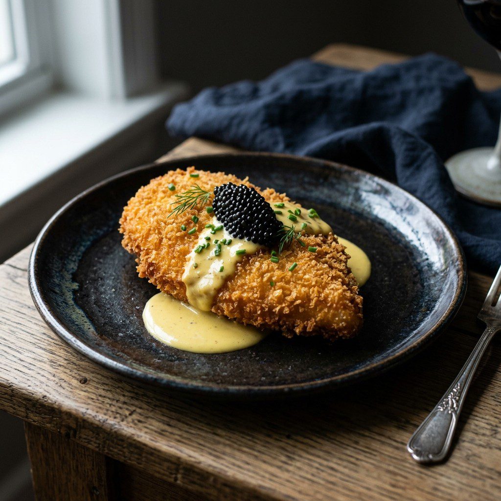 Stunning plated serving of Crispy Breaded Chicken Breast with Caviar & Dijon Cream, a chef-tested recipe by Chef Jorj Morgan.
