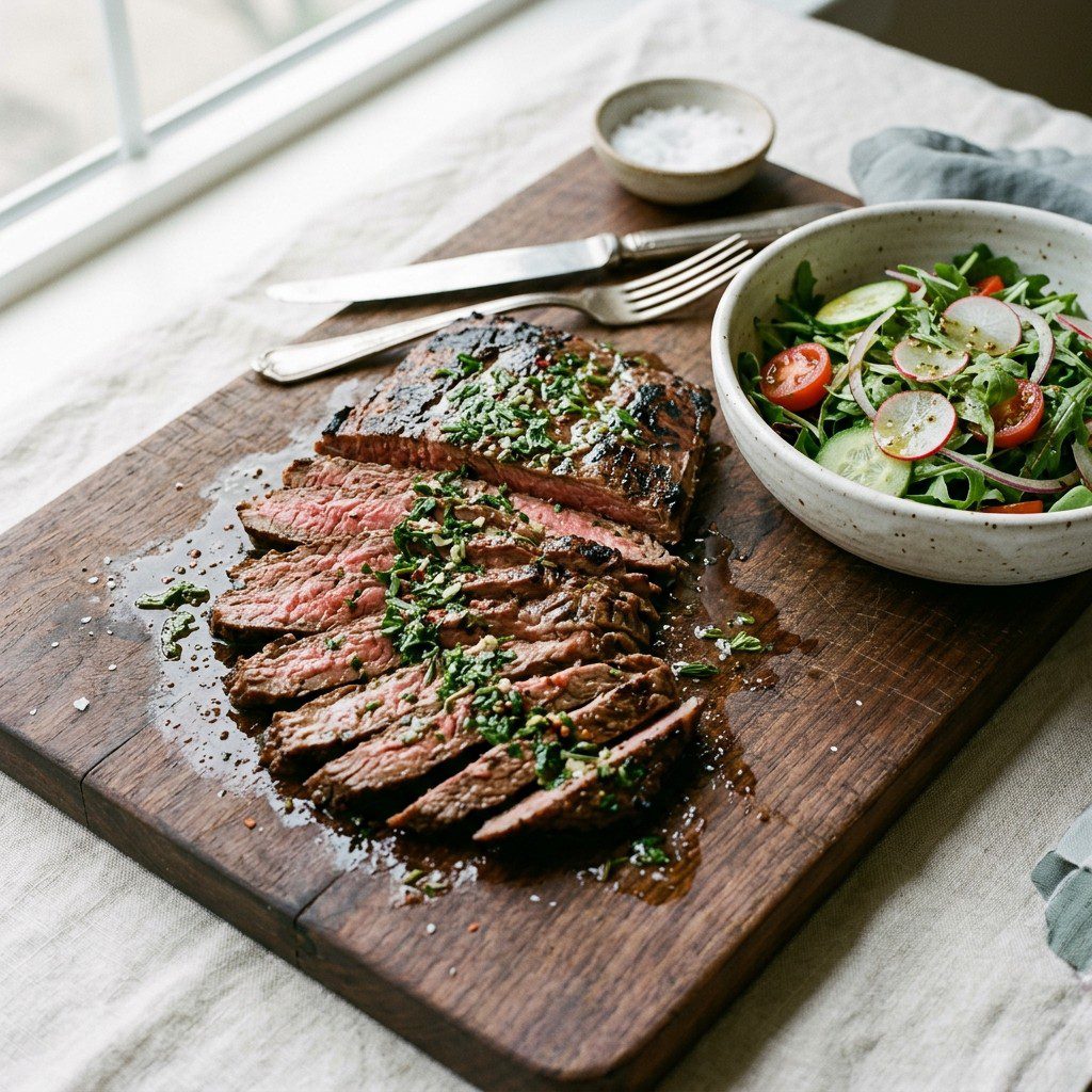 Stunning plated serving of Steak Board Sauce & Farmers Market Salad, a chef-tested recipe by Chef Jorj Morgan.