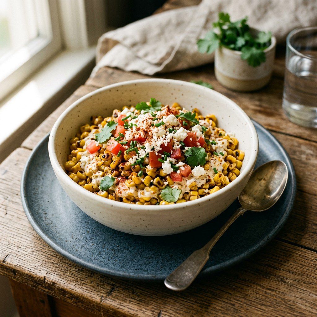 Stunning plated serving of Mexican Street Corn, a chef-tested recipe by Chef Jorj Morgan.