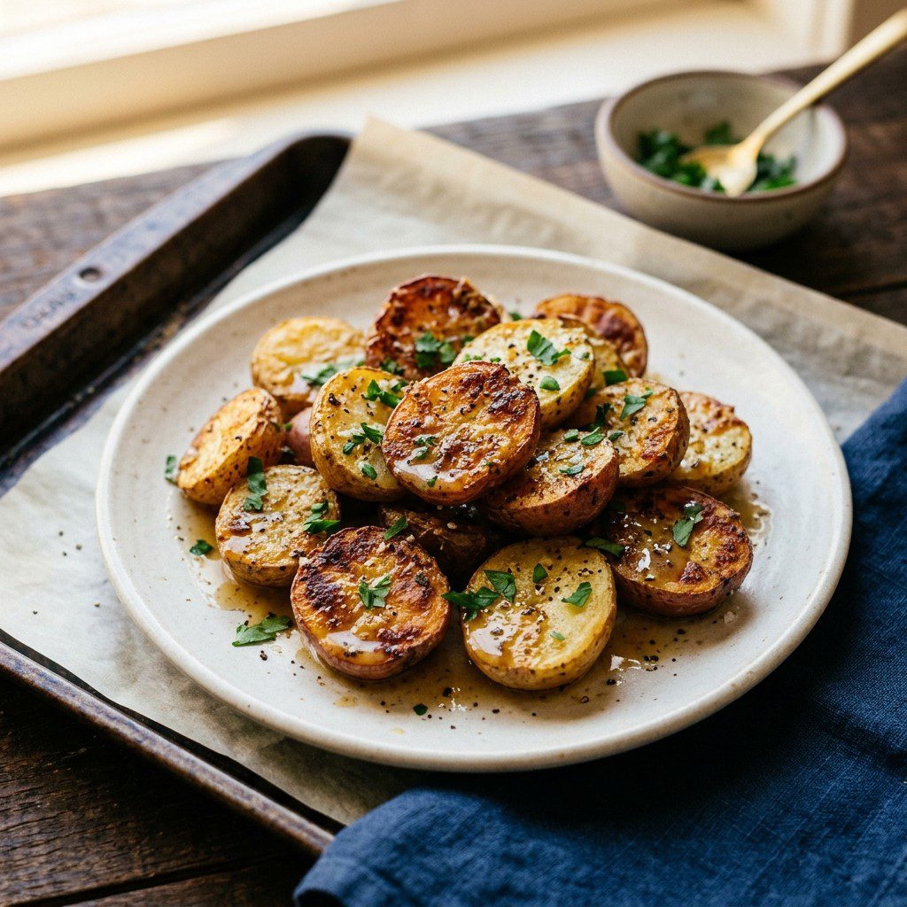 Stunning plated serving of Sheet Pan Roasted Baby Potatoes, a chef-tested recipe by Chef Jorj Morgan.
