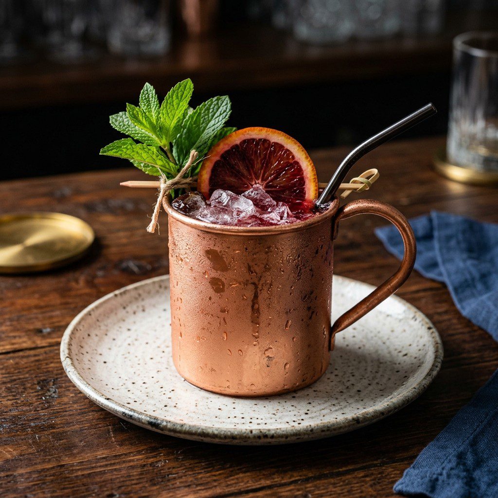 Stunning plated serving of Signature Blood Orange Mule, a chef-tested recipe by Chef Jorj Morgan.