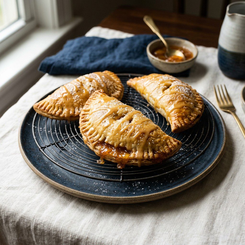 Stunning plated serving of Peach Empanadas with Bourbon Preserves, a chef-tested recipe by Chef Jorj Morgan.