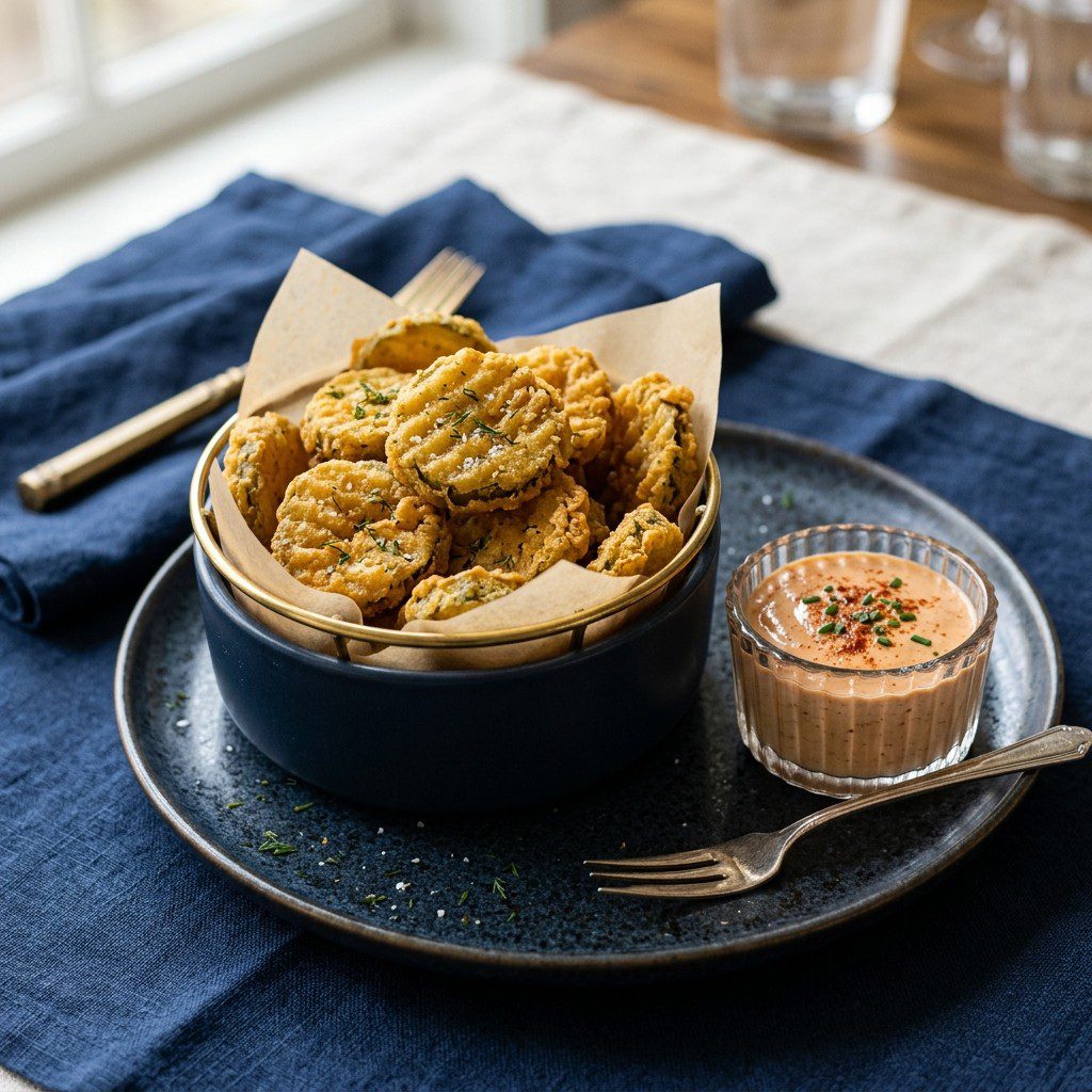Stunning plated serving of Crispy Fried Pickles with Southern Comeback Sauce, a chef-tested recipe by Chef Jorj Morgan.