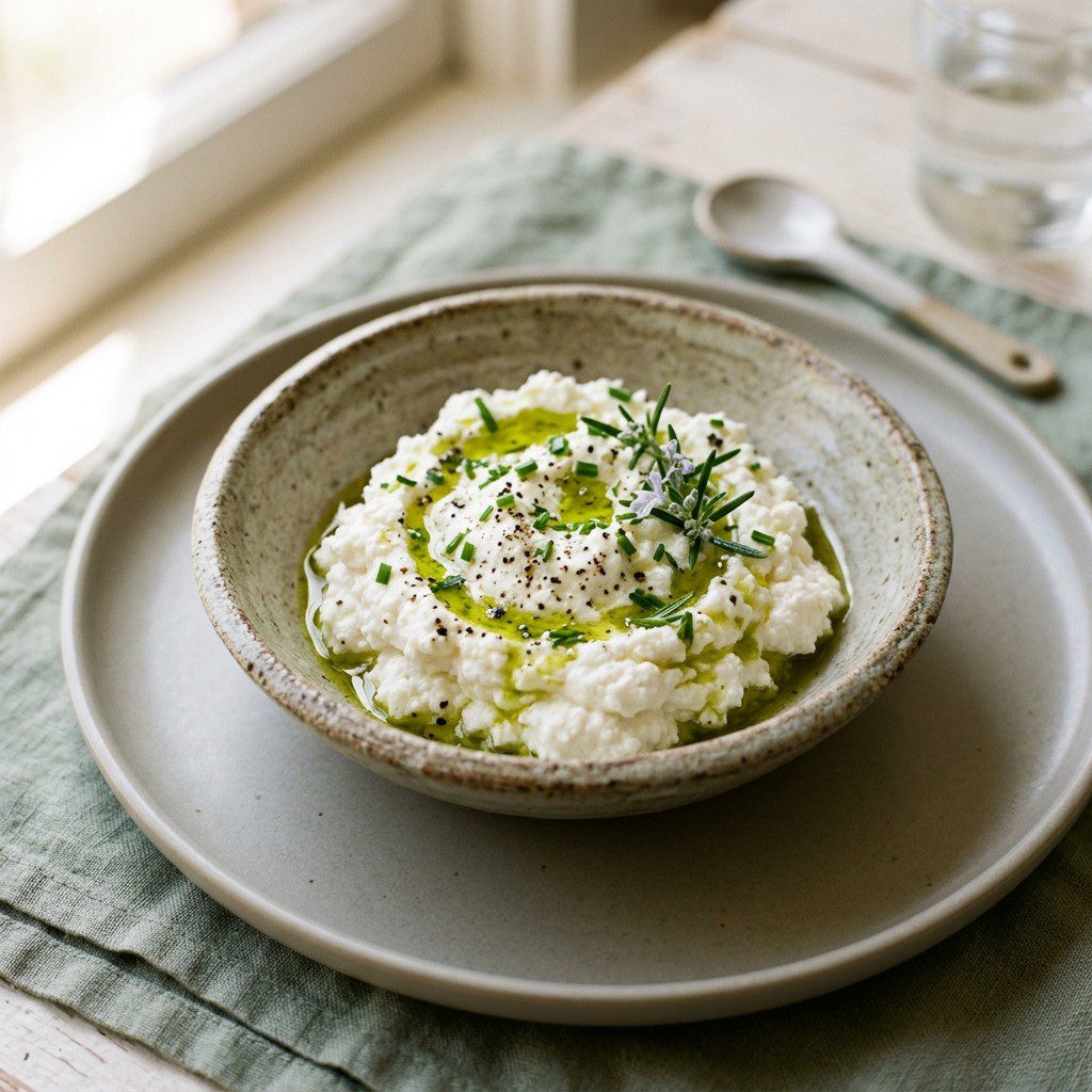 Stunning plated serving of Fresh Homemade Whole-Milk Ricotta, a chef-tested recipe by Chef Jorj Morgan.