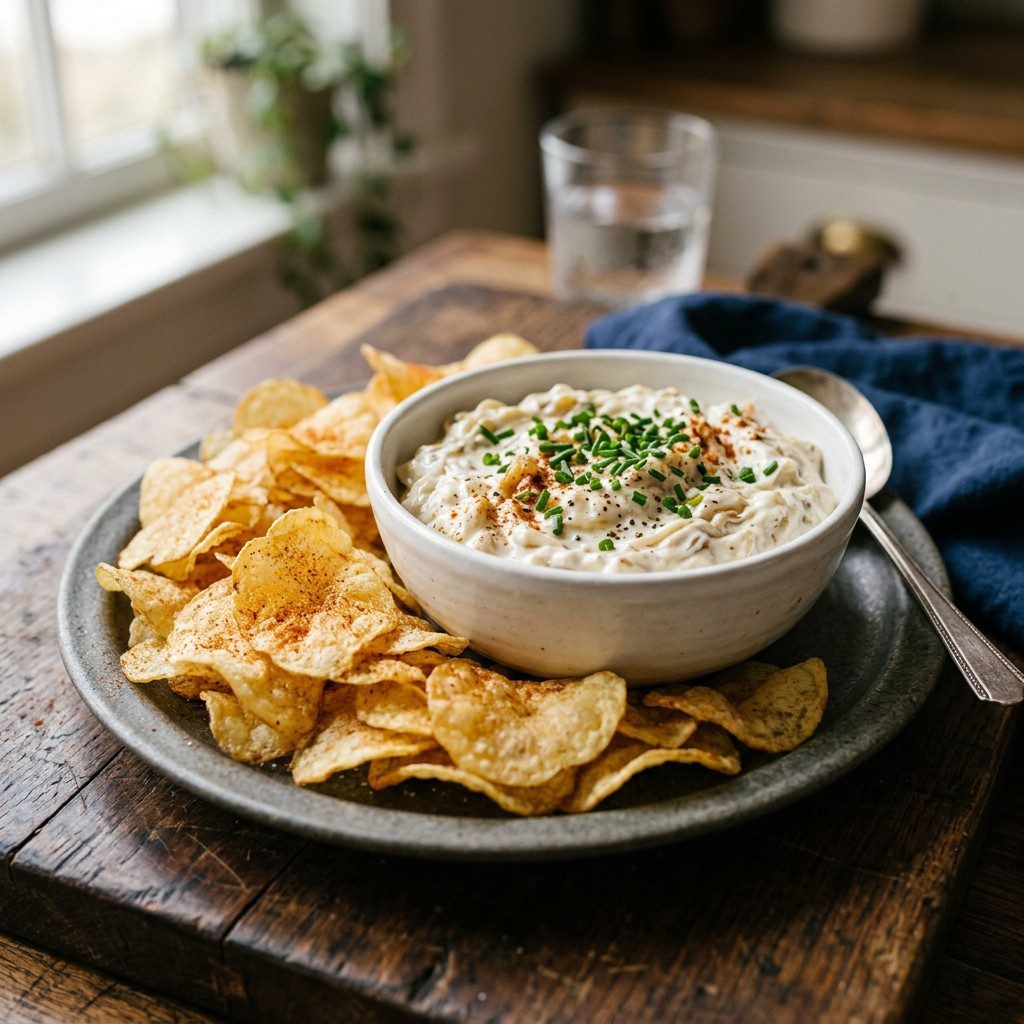 Stunning plated serving of Classic Chips & Caramelized Onion Dip, a chef-tested recipe by Chef Jorj Morgan.