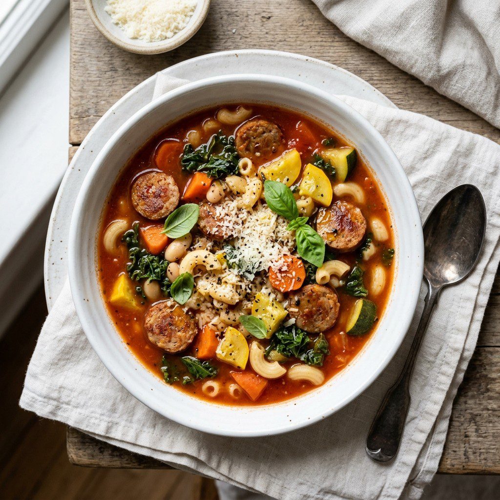 Stunning plated serving of Italian Minestrone Soup with Sausage & Vegetables, a chef-tested recipe by Chef Jorj Morgan.