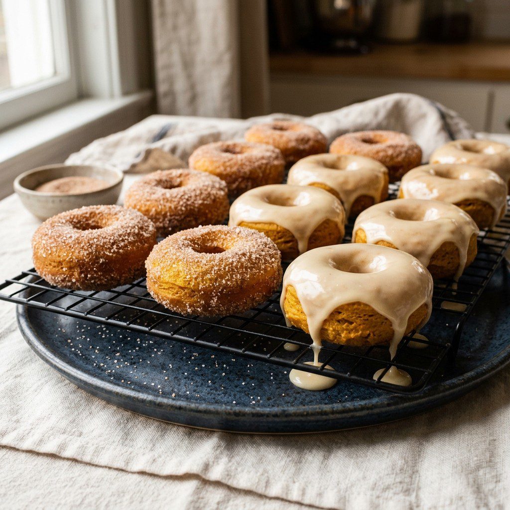 Stunning plated serving of Pumpkin-Spiced Donuts & Maple Glaze, a chef-tested recipe by Chef Jorj Morgan.