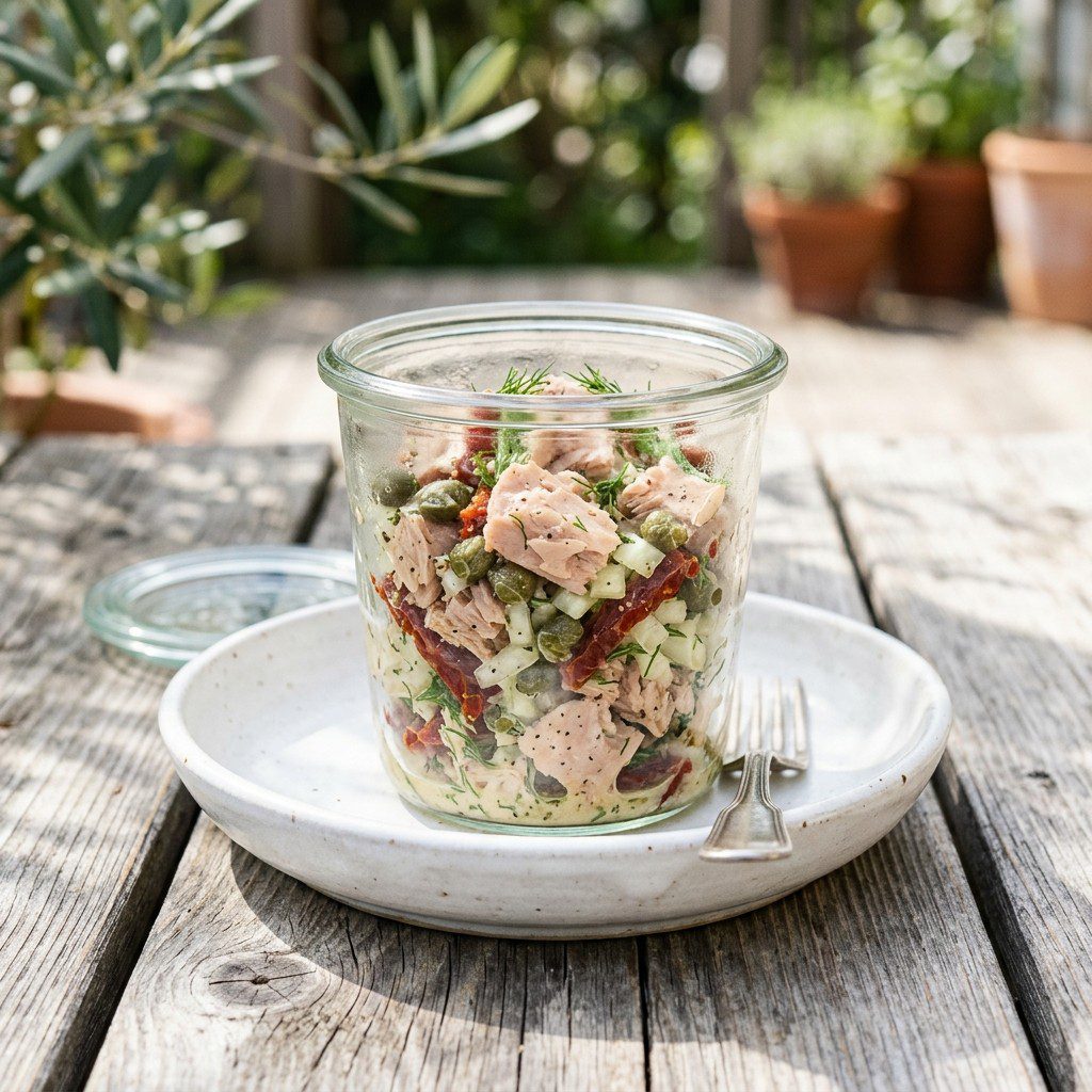 Stunning plated serving of Mediterranean Tuna Salad, a chef-tested recipe by Chef Jorj Morgan.