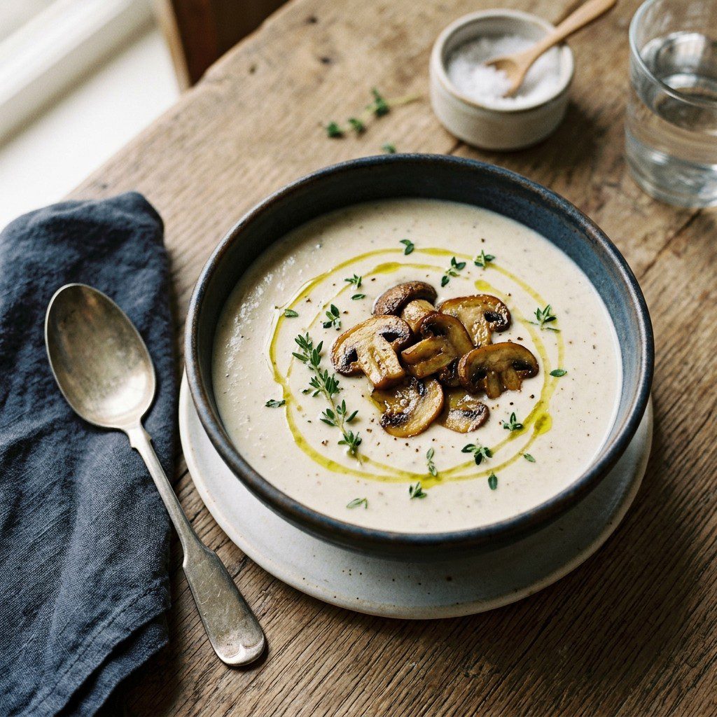 Stunning plated serving of Cream of Bella n’ Cremini Mushroom Soup, a chef-tested recipe by Chef Jorj Morgan.