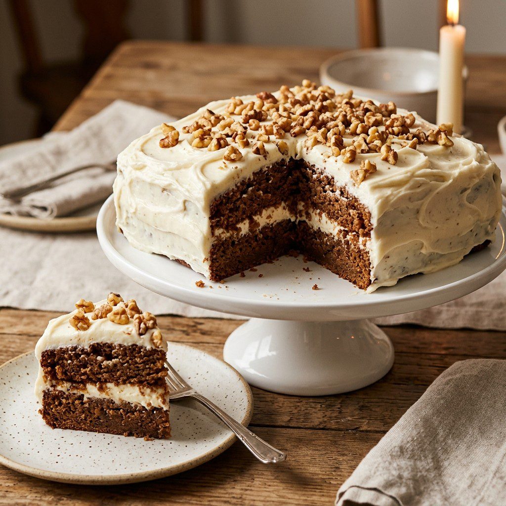 Stunning plated serving of Apple Butter Cake with Cream Cheese Frosting, a chef-tested recipe by Chef Jorj Morgan.