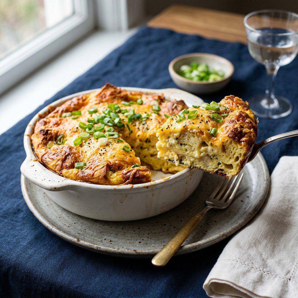 Stunning plated serving of Fluffy Egg & Cheese Casserole, a chef-tested recipe by Chef Jorj Morgan.