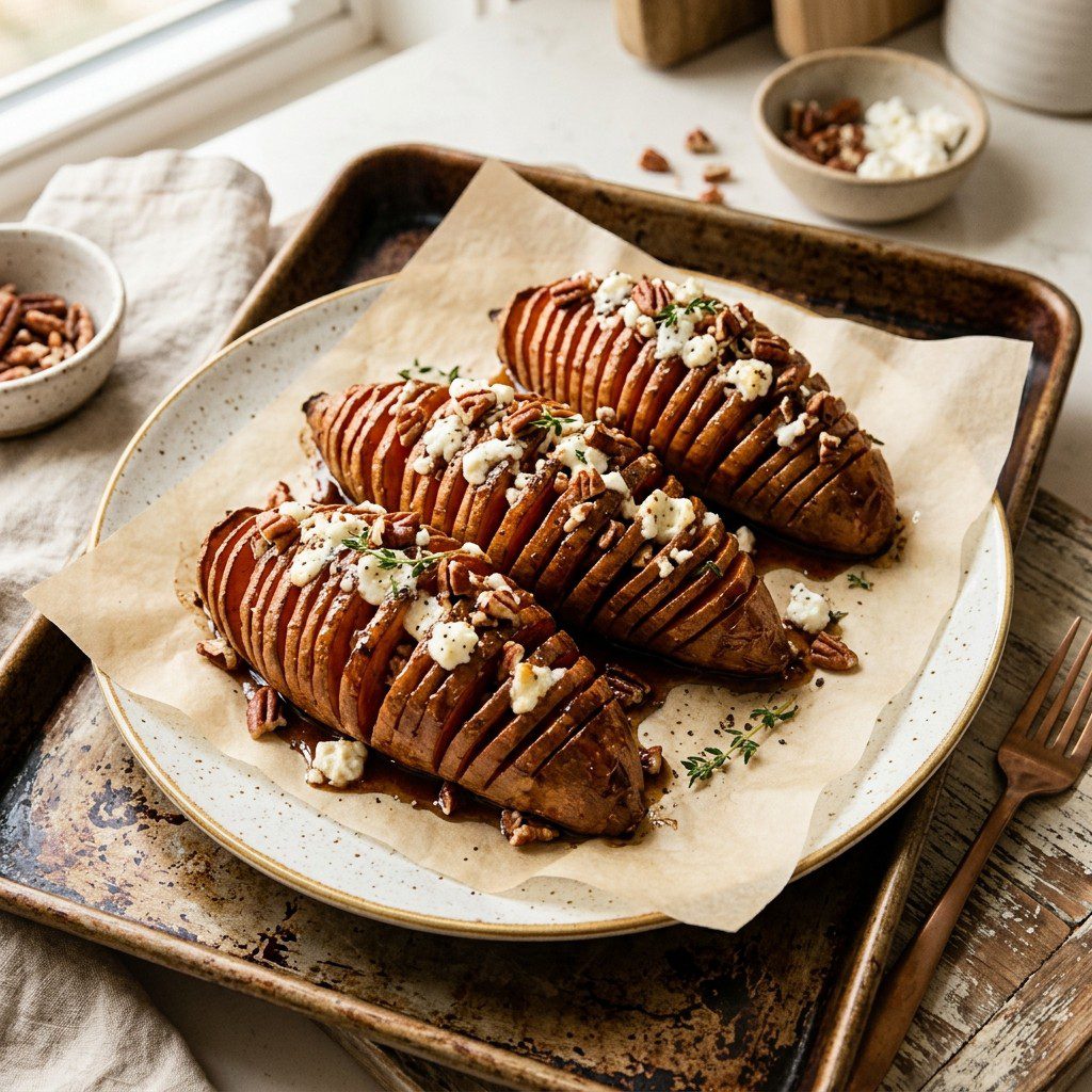 Stunning plated serving of Honey & Goat Cheese Hasselback Sweet Potatoes, a chef-tested recipe by Chef Jorj Morgan.