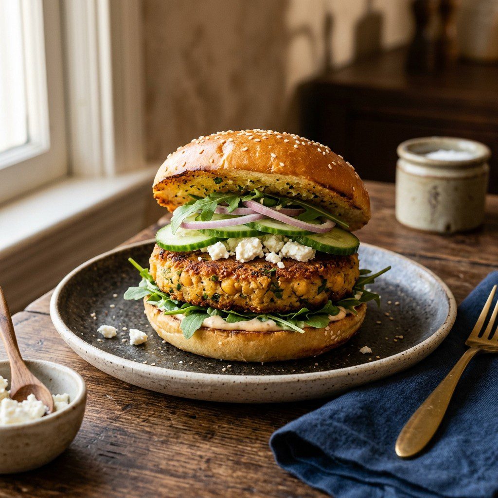Stunning plated serving of Chickpea Veggie Burgers, a chef-tested recipe by Chef Jorj Morgan.