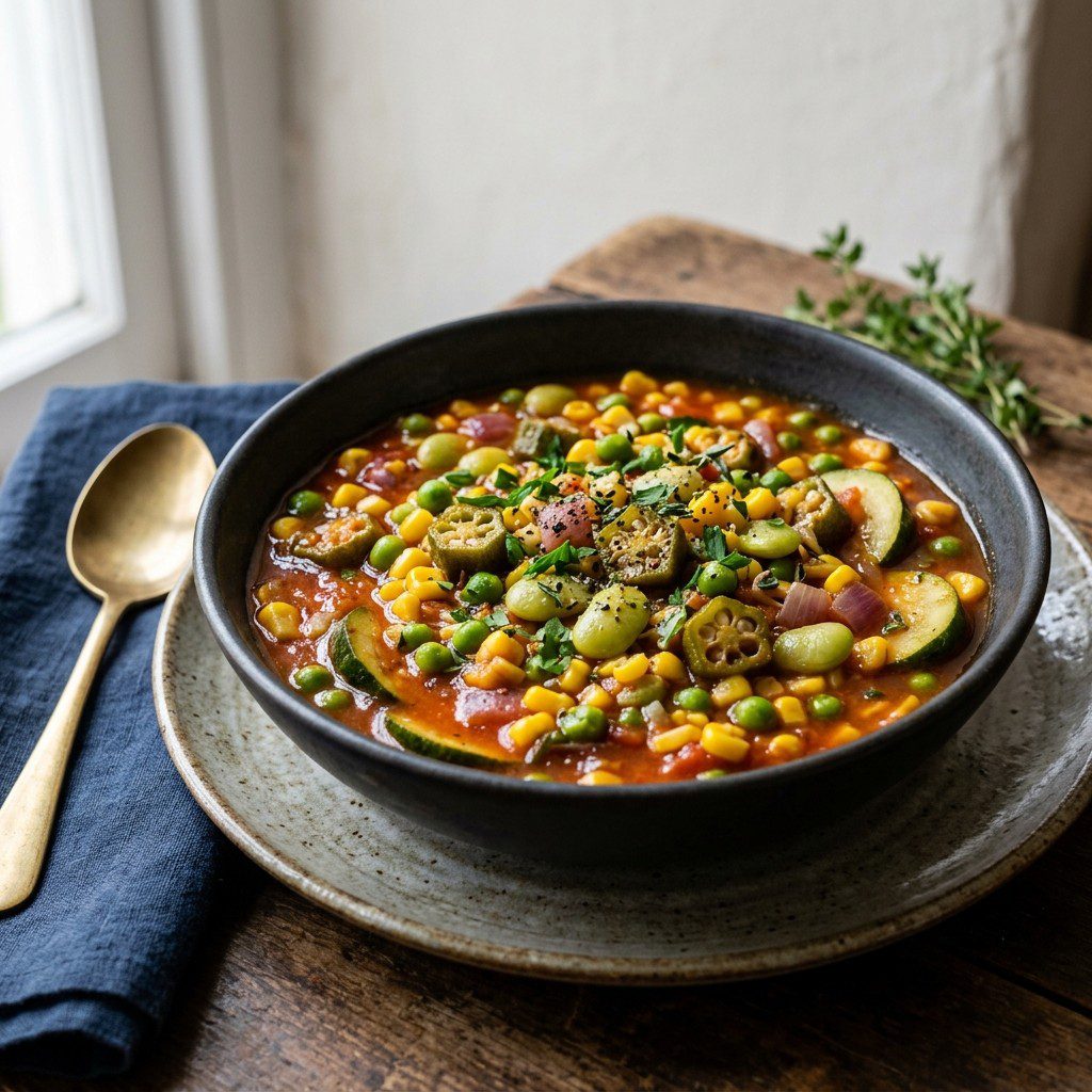 Stunning plated serving of Saucy Southern Succotash, a chef-tested recipe by Chef Jorj Morgan.