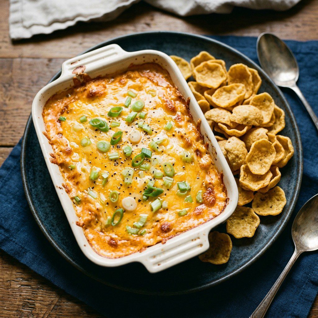 Stunning plated serving of Baked Buffalo Chicken and Sharp Cheddar Dip, a chef-tested recipe by Chef Jorj Morgan.