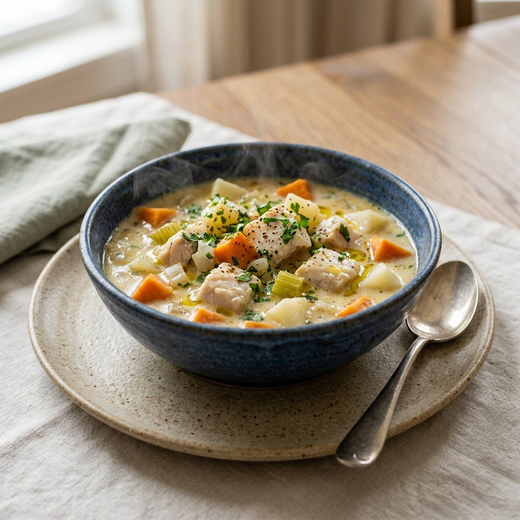 Stunning plated serving of Coastal Swordfish & Root Vegetable Chowder, a chef-tested recipe by Chef Jorj Morgan.