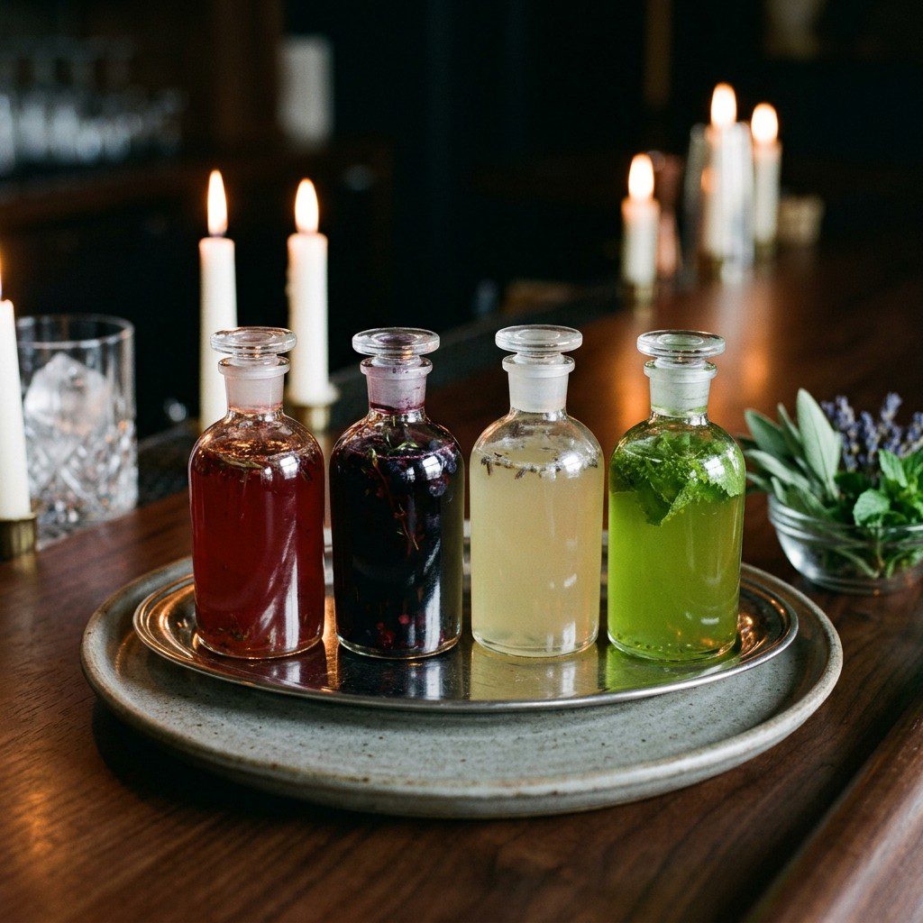 Stunning plated serving of Craft-Infused Simple Syrups (Orange, Blueberry, Lemon, and Lime), a chef-tested recipe by Chef Jorj Morgan.