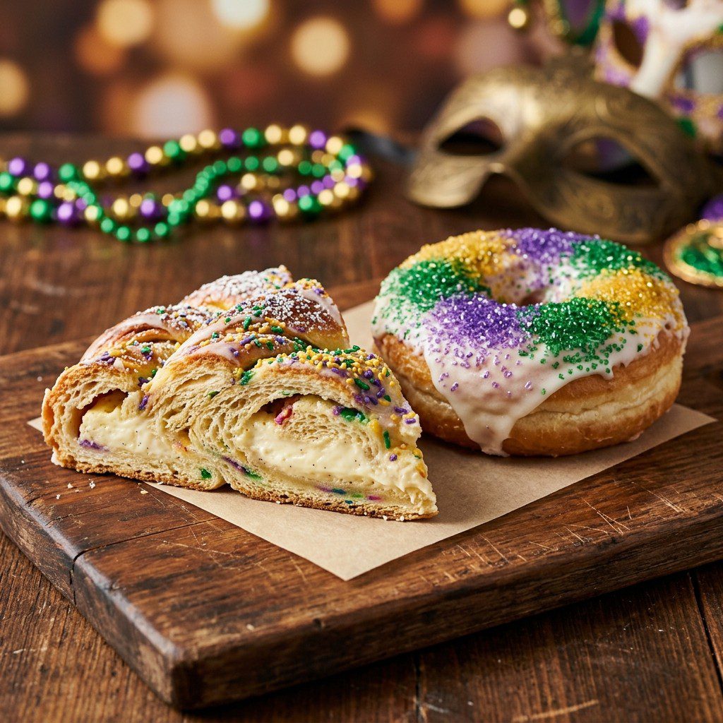 Stunning plated serving of Mardi Gras Braided Bread & King Cake Donuts, a chef-tested recipe by Chef Jorj Morgan.