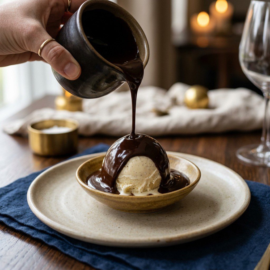 Stunning plated serving of Rich Dark Chocolate Fudge Sauce, a chef-tested recipe by Chef Jorj Morgan.