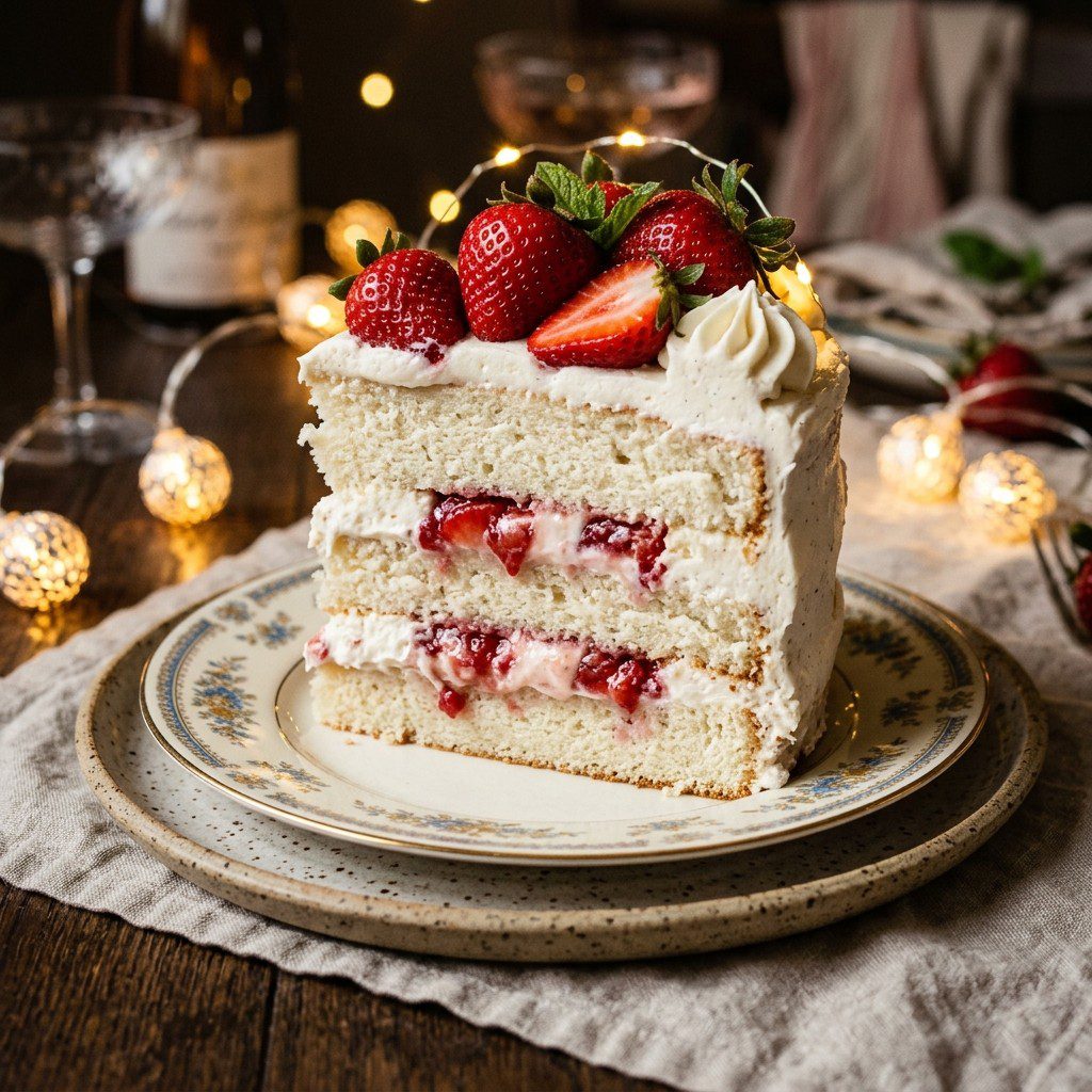 Stunning plated serving of Strawberry Fields Layer Cake & Ice Cream, a chef-tested recipe by Chef Jorj Morgan.