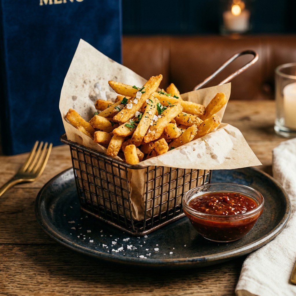 Stunning plated serving of Crispy Duck Fat Fries with Spiced Homemade Ketchup, a chef-tested recipe by Chef Jorj Morgan.