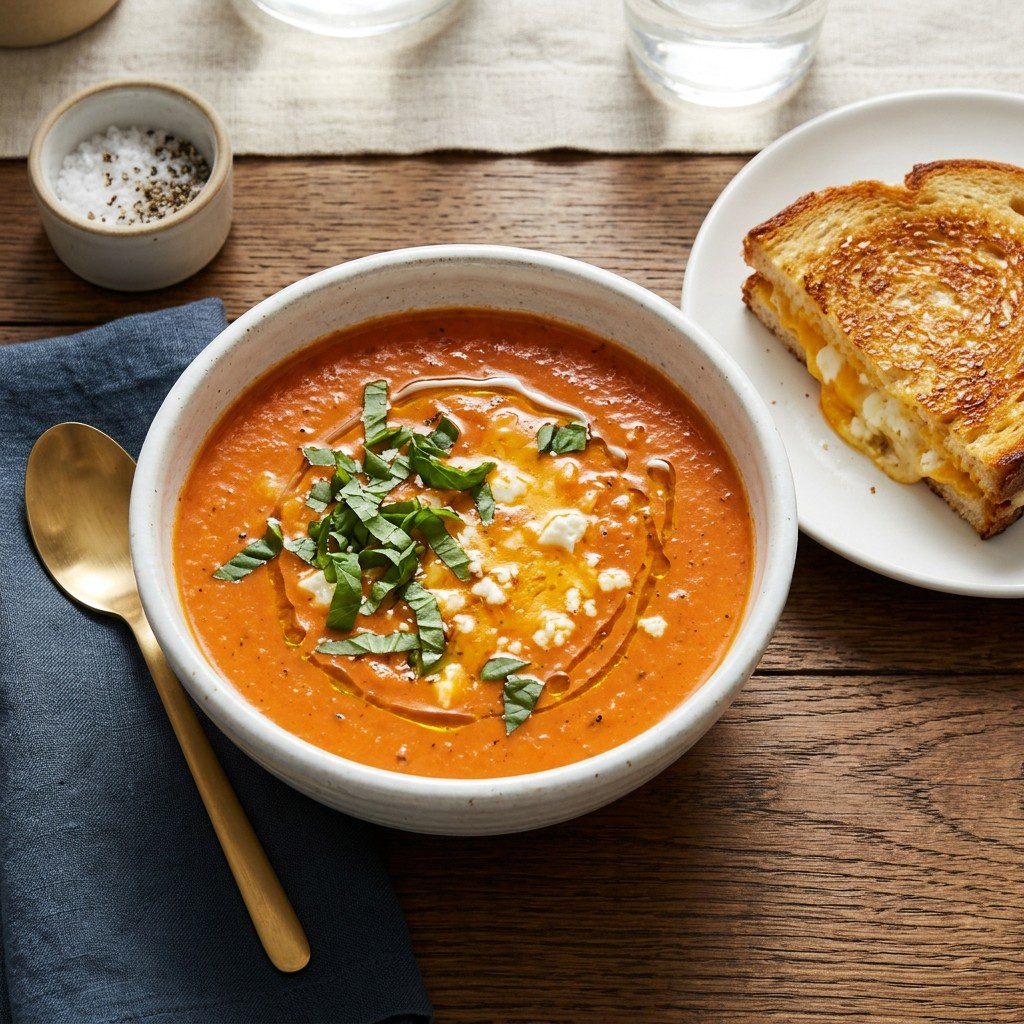 Stunning plated serving of Harvest Tomato Soup with Cheddar and Feta, a chef-tested recipe by Chef Jorj Morgan.