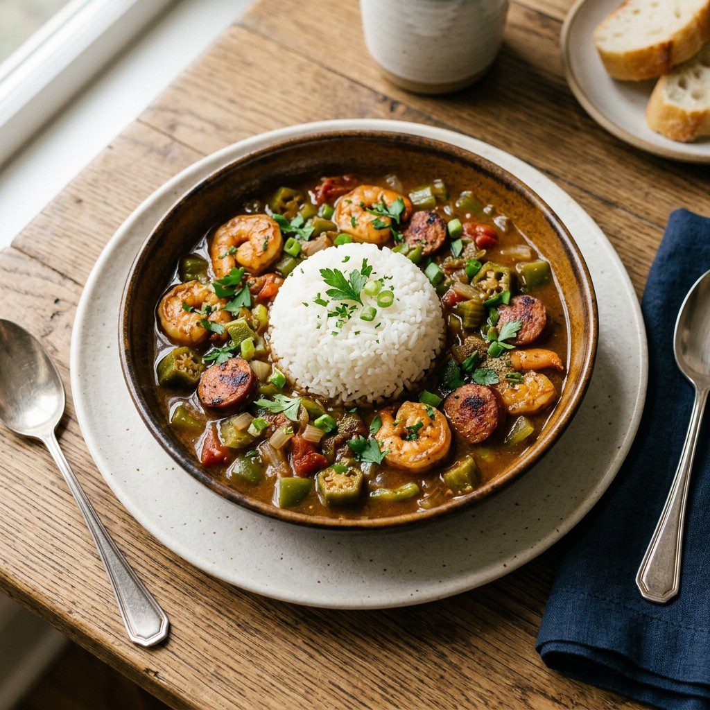 Stunning plated serving of Make-Ahead Shrimp & Andouille Sausage Gumbo, a chef-tested recipe by Chef Jorj Morgan.