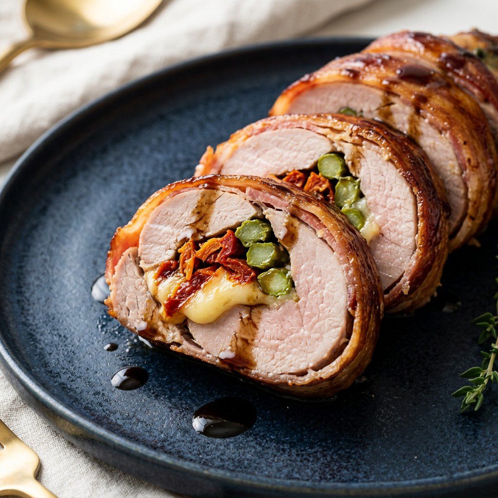 Stunning plated serving of Bacon-Wrapped Stuffed Pork Tenderloin, a chef-tested recipe by Chef Jorj Morgan.