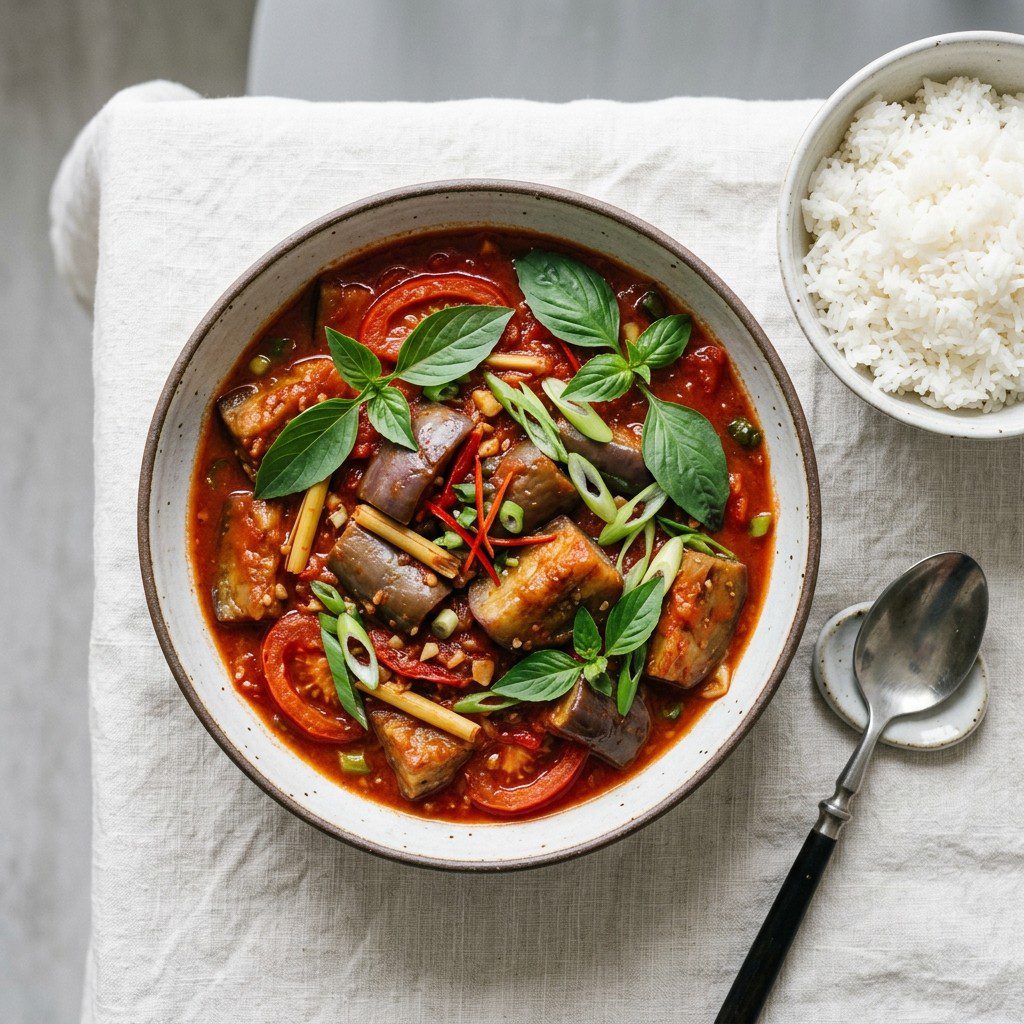Stunning plated serving of Vietnamese Eggplant Stew With Lemongrass and Fresh Basil, a chef-tested recipe by Chef Jorj Morgan.