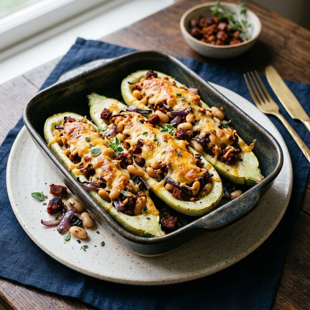 Stunning plated serving of Stuffed Cousa Squash With Smoky Chorizo and White Beans, a chef-tested recipe by Chef Jorj Morgan.