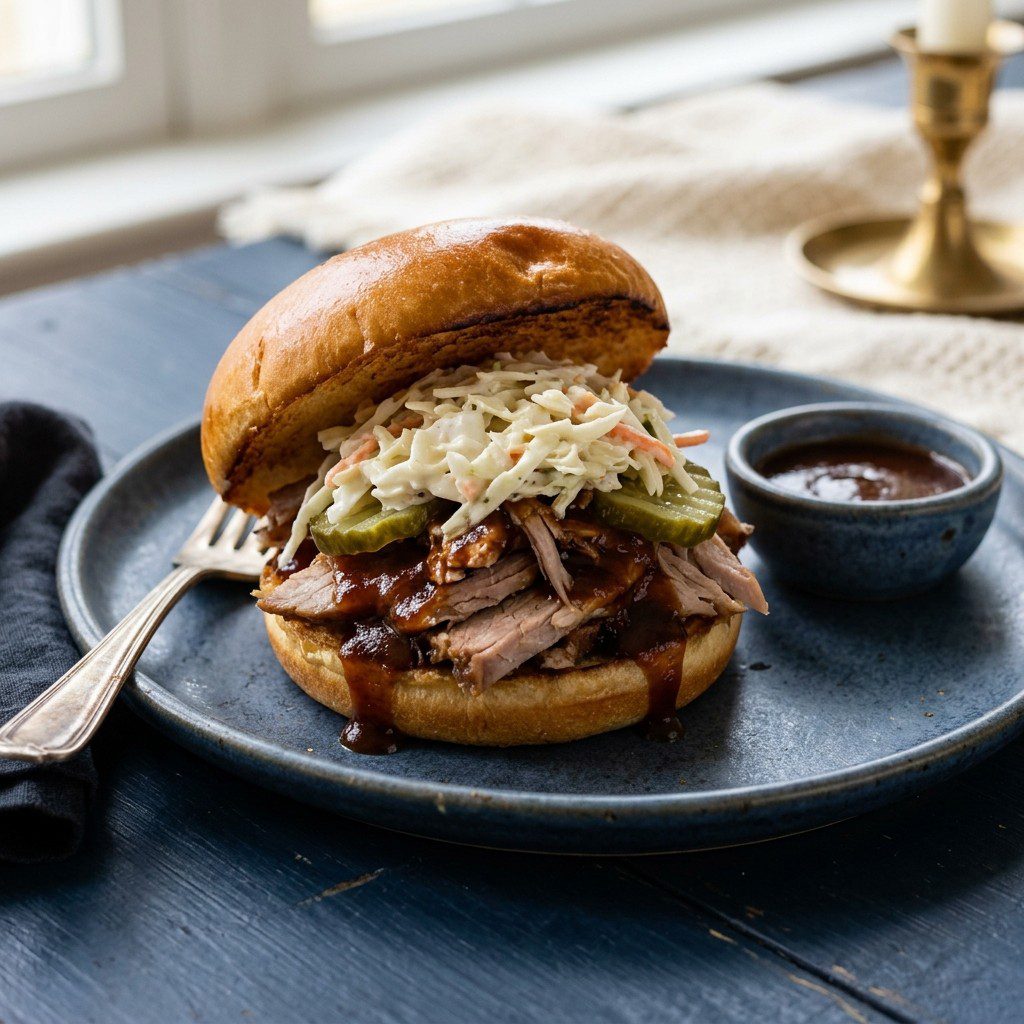 Stunning plated serving of Slow-Roasted Pork Tenderloin BBQ Sandwiches, a chef-tested recipe by Chef Jorj Morgan.