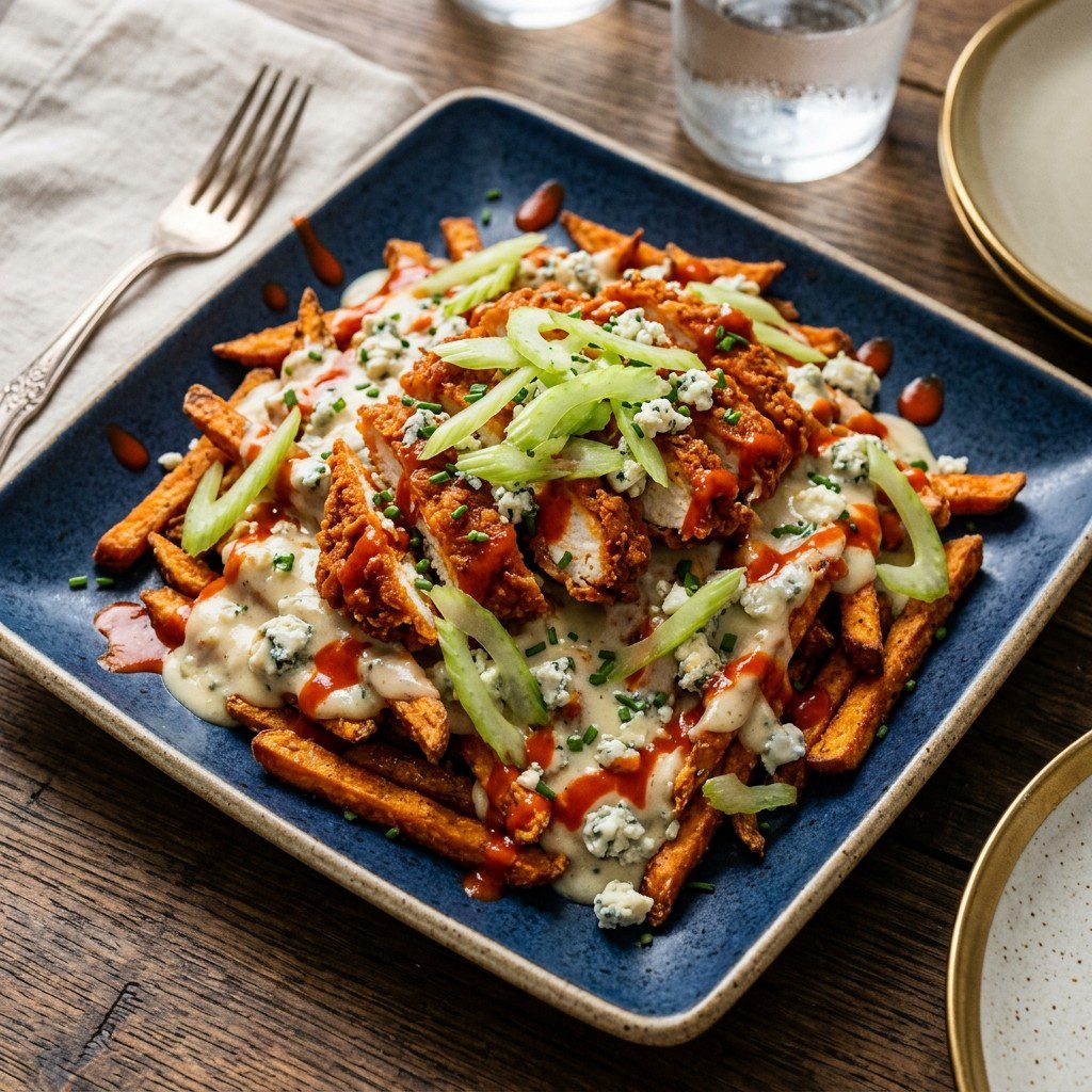 Stunning plated serving of Sweet Potato Fries with Crispy Buffalo Chicken & Blue Cheese Gravy, a chef-tested recipe by Chef Jorj Morgan.