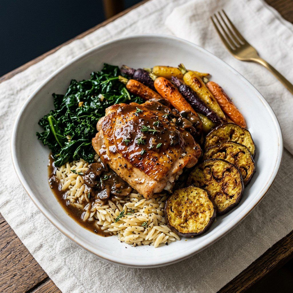 Stunning plated serving of Chicken Marsala Harvest Bowl, a chef-tested recipe by Chef Jorj Morgan.
