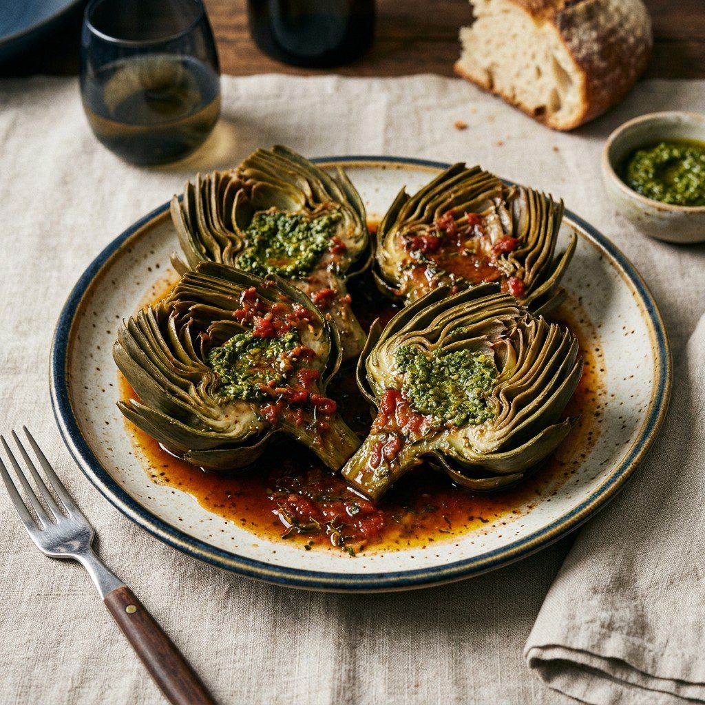 Stunning plated serving of Tomato Braised Artichokes with Anchovy Pesto Rub, a chef-tested recipe by Chef Jorj Morgan.